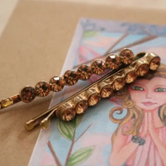 NWOT Pair of Amber Gold Crystal Hair Pins - Picture 2 of 8
